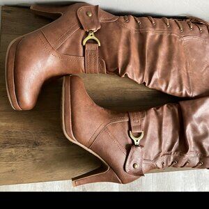 TOP Moda Womens Page-65 Knee High Round Toe Lace-Up Slouched High Heel Boots 8.5